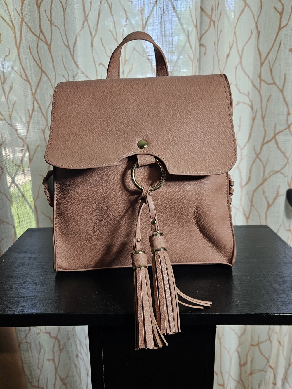 Vintage Mauve 10" Backpack Purse With Fringe Tassel Boho Carry On Faux Leather